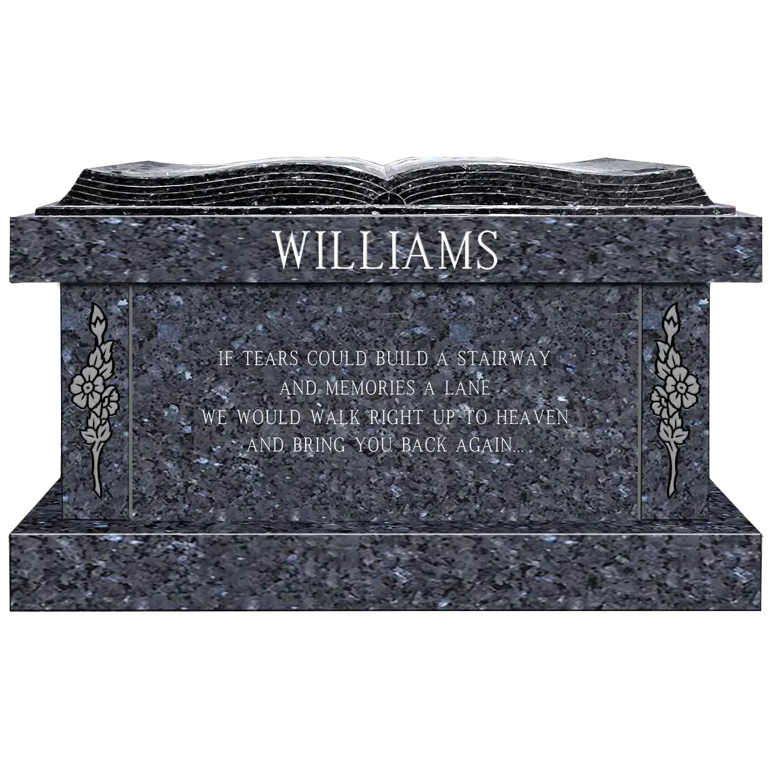 Bible Panel Bench - Blue Pearl wJet Black Panels - Back - All Sandblast Example
