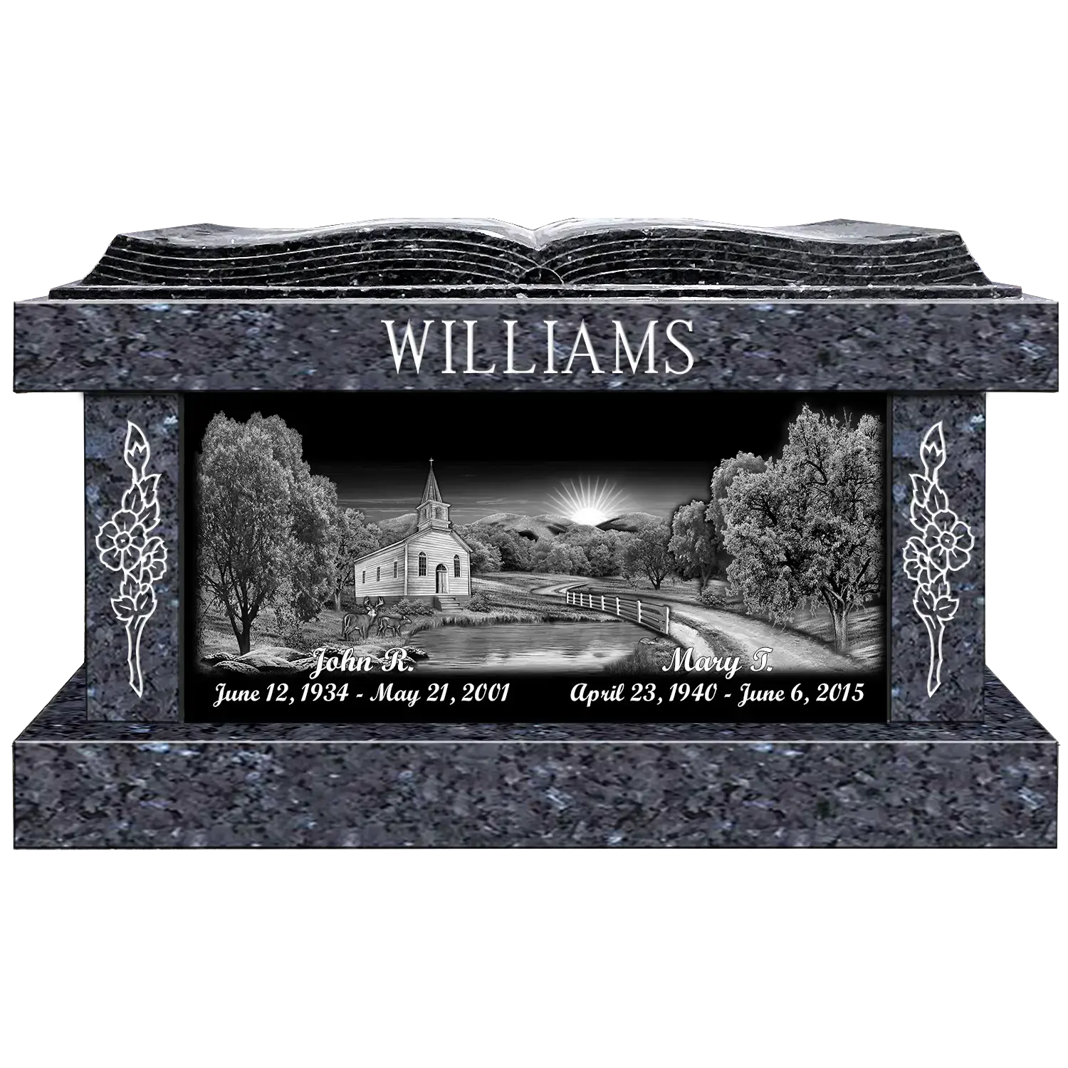 Bible Panel Bench - Blue Pearl wJet Black Panels - Front - Sandblast and Laser Example