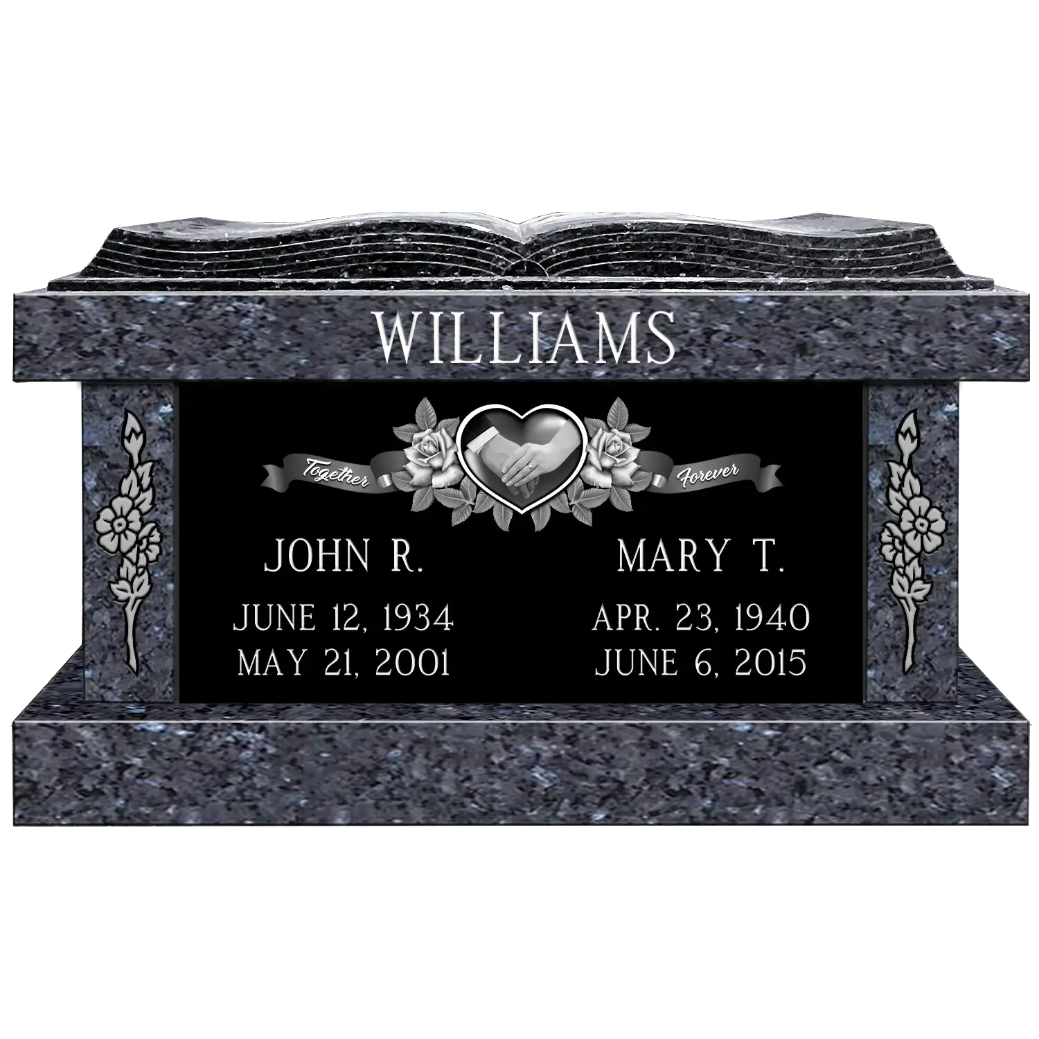 Bible Panel Bench - Blue Pearl wJet Black Panels - Front - Sandblast and Laser Example