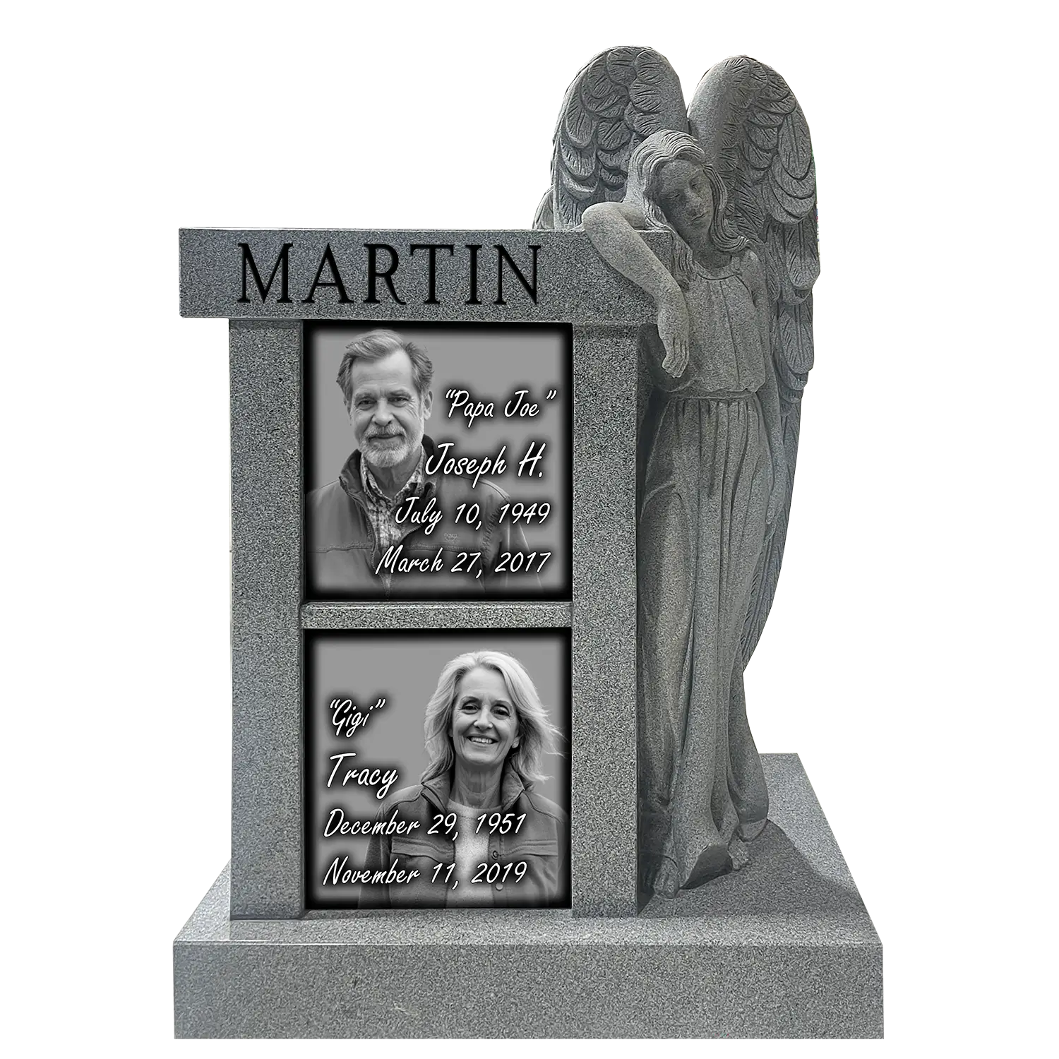 Cremation - 2 Niche w Angel - China Grey - Front - All Laser Example