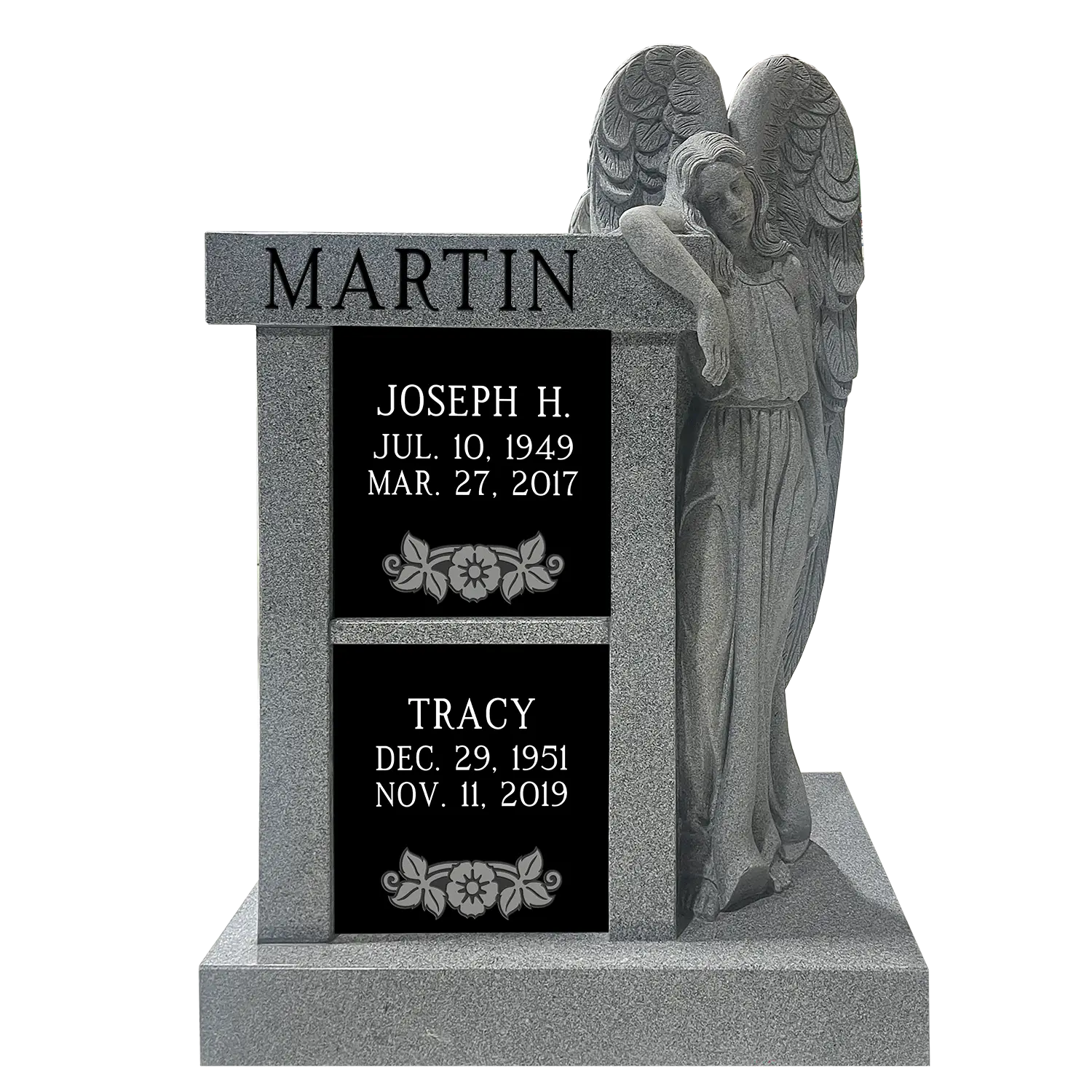 Cremation - 2 Niche w Angel - China Grey - Front - All Sandblast Example