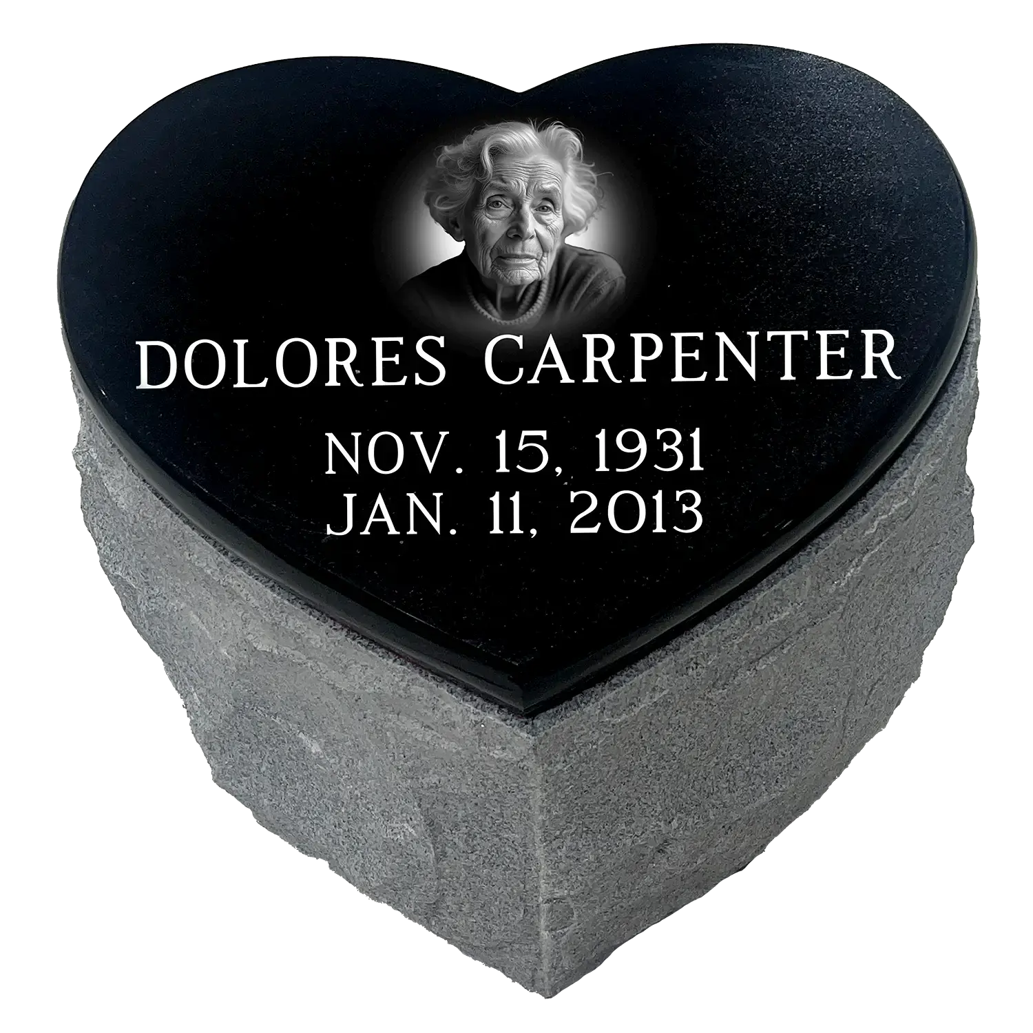 Cremation - Heart Urn - China Grey wJet Black Lid- Sandblast and Laser Example