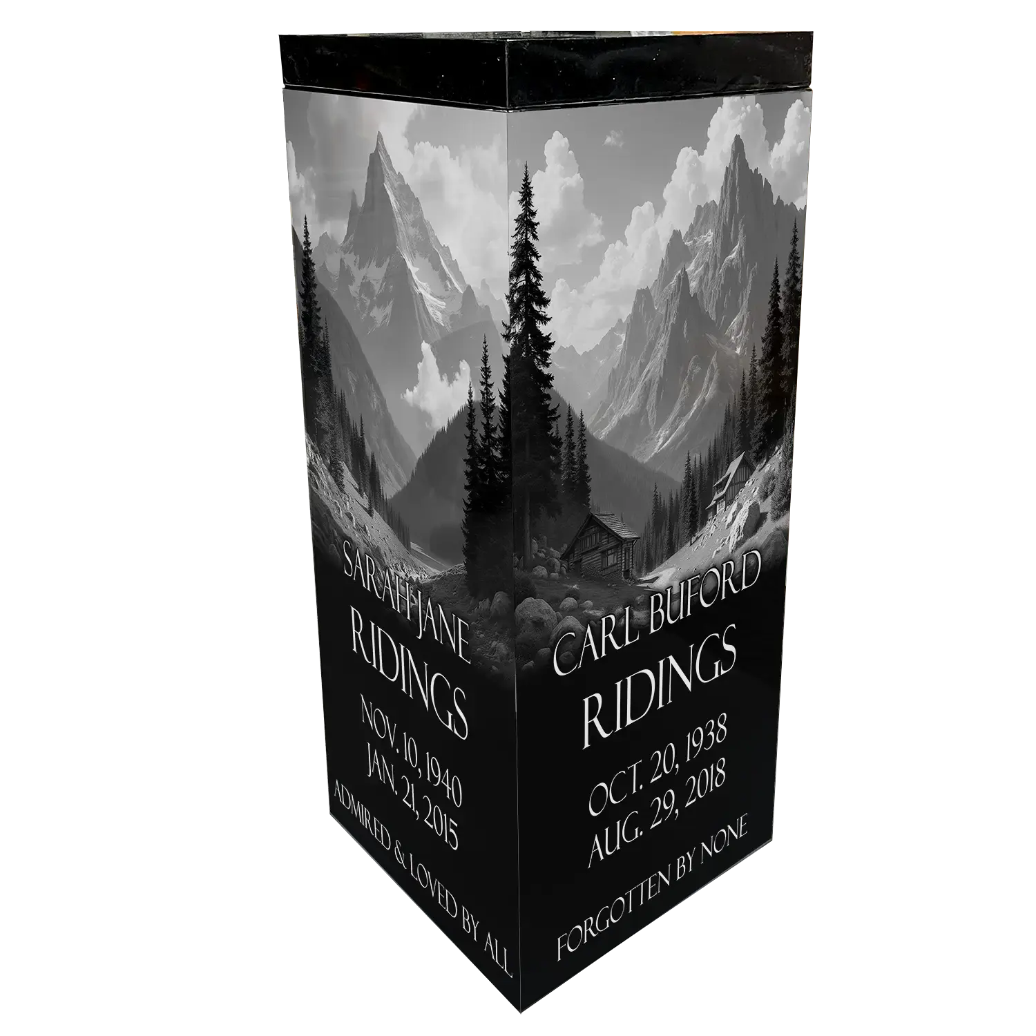 Cremation - Rocky Path Urn - Jet Black - Back - All Laser Example