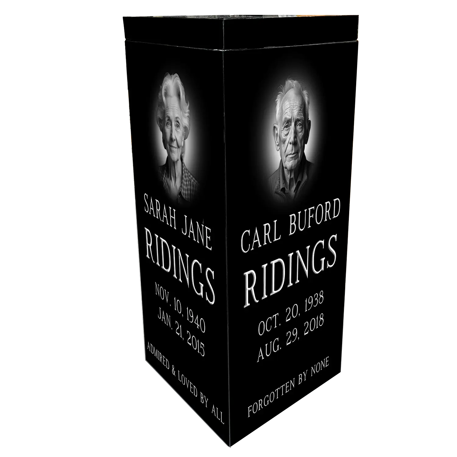 Cremation - Rocky Path Urn - Jet Black - Back - Sandblast andLaser Example