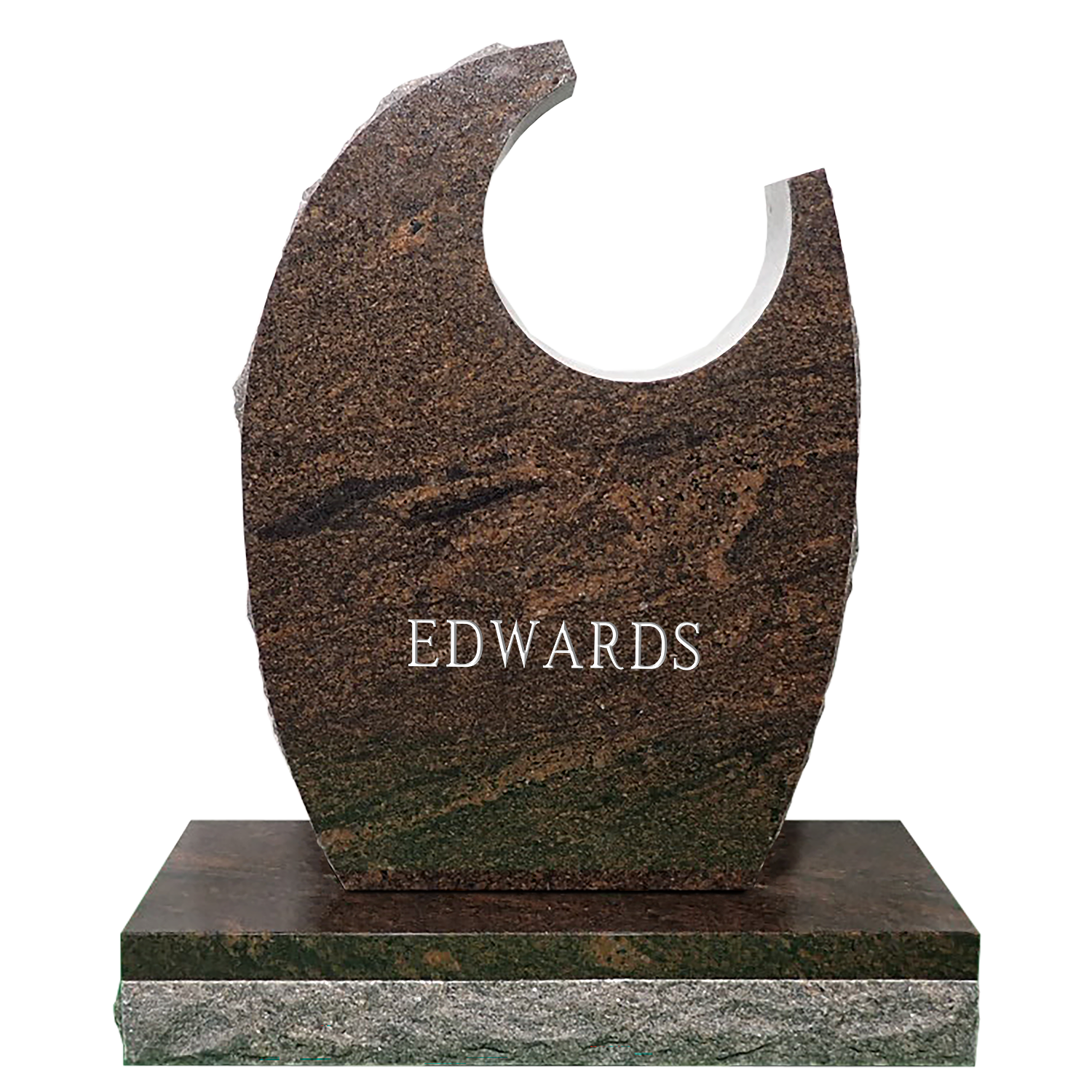 Front of Oval Starburst upright monument in Rustic Brown granite shown without optional Bronze Birds and sandblast design