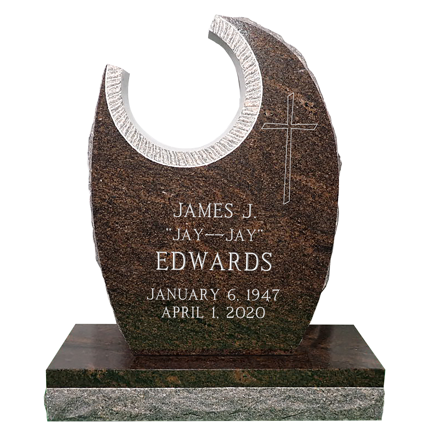Front of Oval Starburst upright monument in Rustic Brown granite shown without optional Bronze Birds and sandblast design